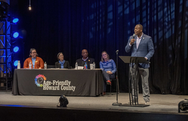 Image of Howard County Executive Calvin Ball speaking at a press conference where he announced the start of the second cycle of the County’s Age-Friendly Collaborate.