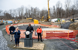 A photo of County Executive Calvin Ball taken at a press conference on February 3, 2025. Held at the starting site of the Ellicott City Safe and Sound plan's North Tunnel project, Ball provided an update on the plan's progress and announced new funding commitments from the State to supports various plan projects.