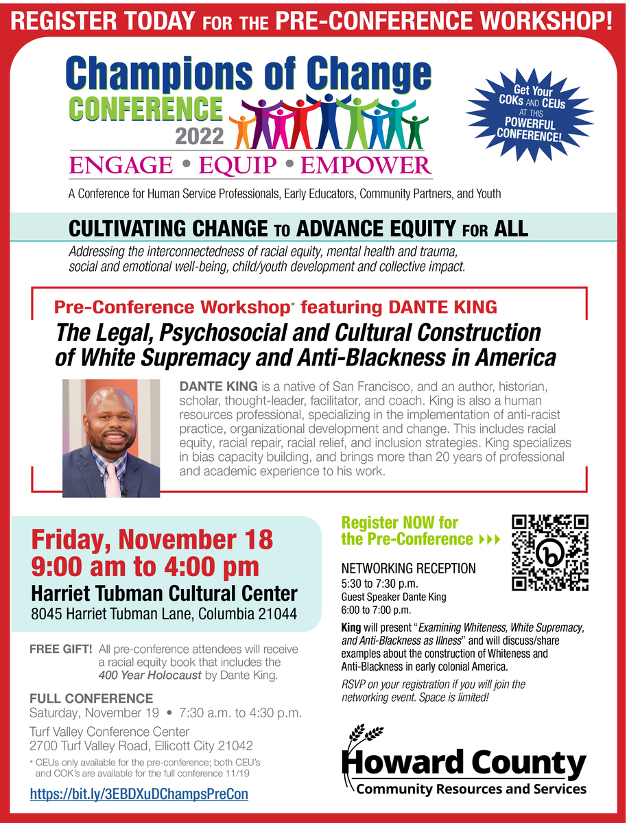 Champions of Change Pre-Conference workshop flier featuring author Dante King.