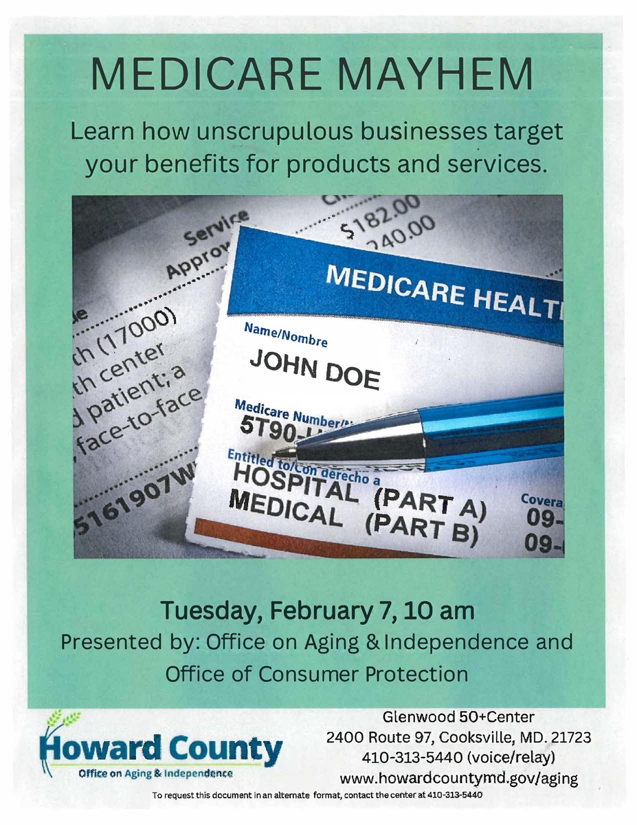 Medicare Mayhem flier with pictures of Medicare cards