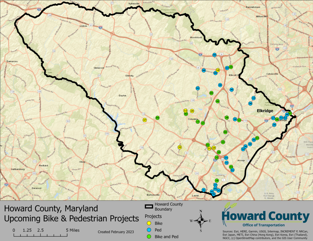 Map of Howard County showing future pedestrian and bike projects.