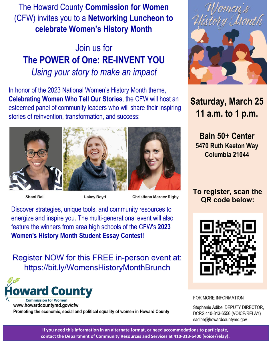 Commission for Women invitation to Women's History Month Brunch on March 25, 2023