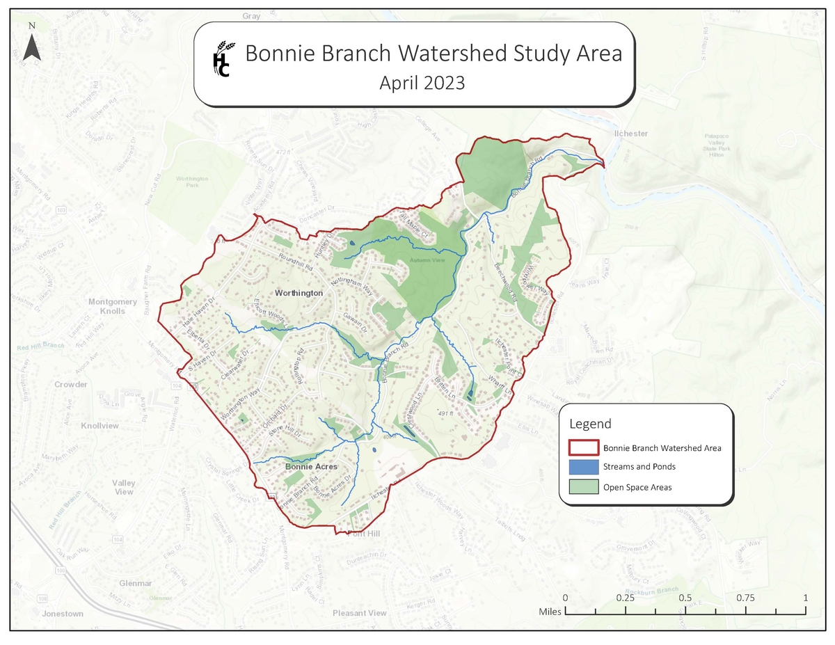A color map of the Bonnie Branch Watershed Study Area roughly bounded by the Patapsco River to the north, Ilchester Road to the east, Montgomery Road (MD-103) to the south, and Hale Haven Road to the west. Building locations, streams, road names, neighborhood names, and open space are shown on the county base map.