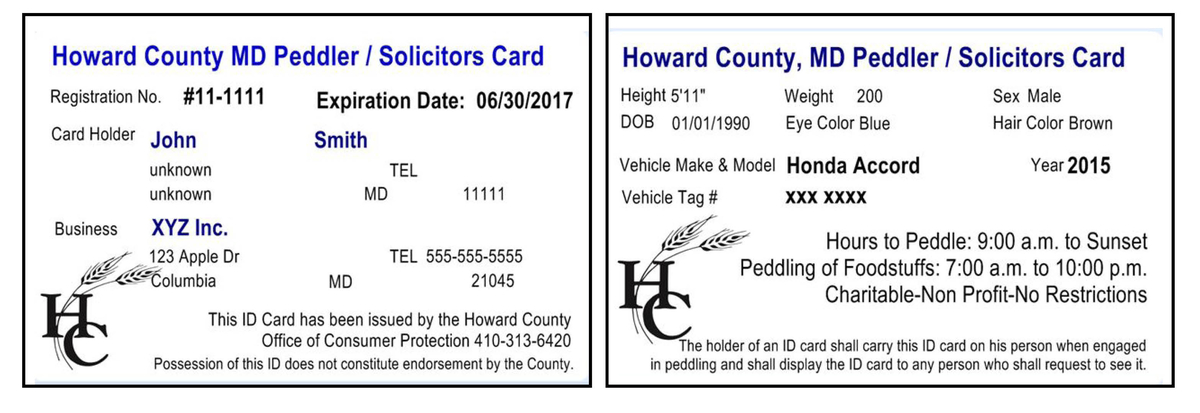 Front and back of a sample peddler's card, issed by the Office of Consumer Protection