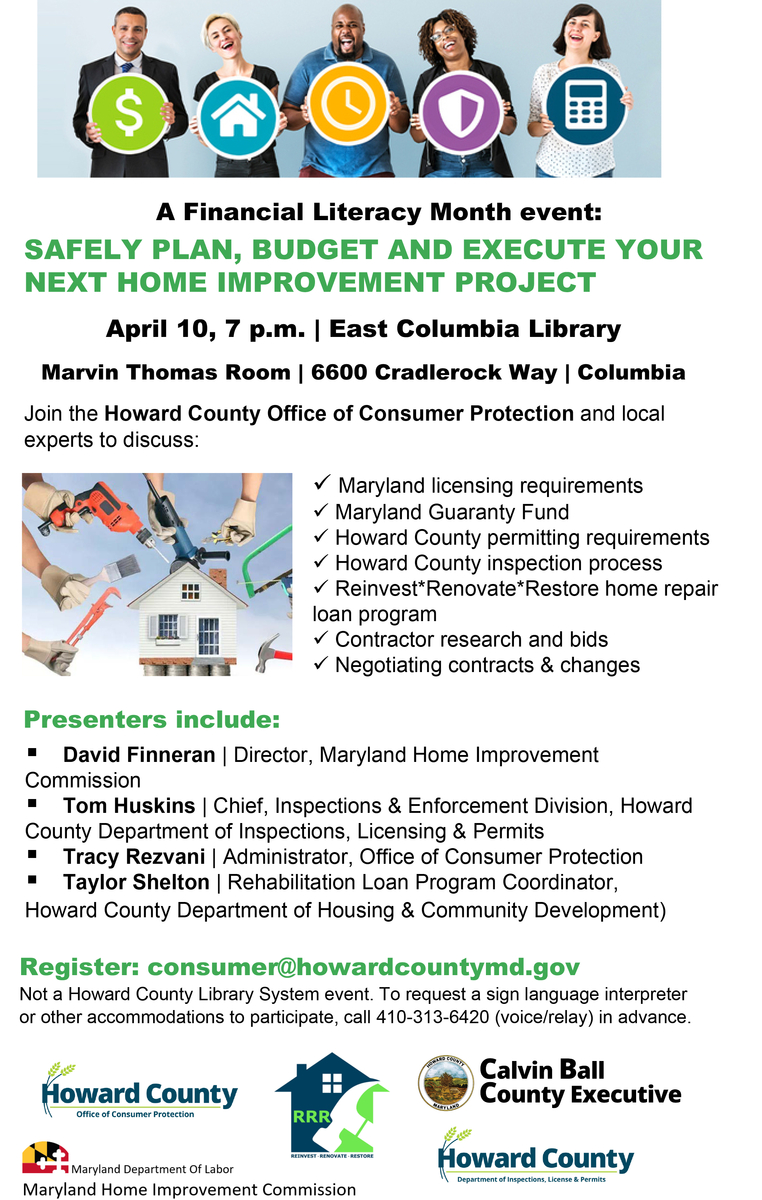 Flier for the Home aPmprovement Workshop presented by the Office of Consumer Protection on April 10 at the East Columbia Library