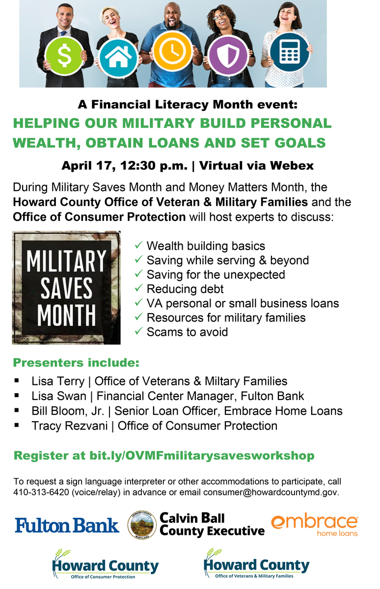 Flier for an online financial workshop for veterans and military families on April 17.