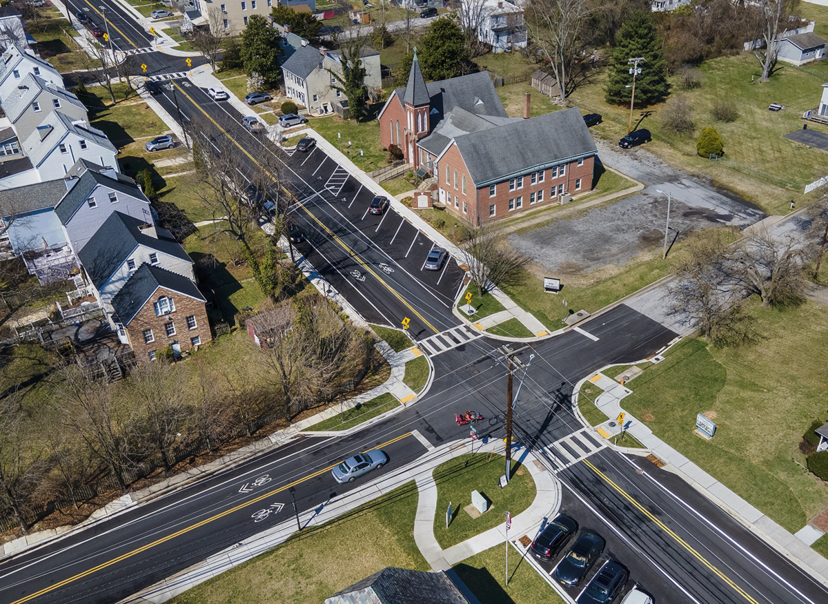 Aerial view of intersection with bump-outs in Savage, MD