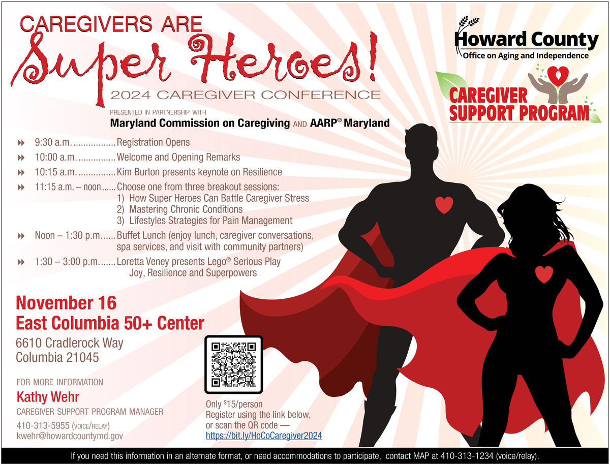 Caregivers  are Superheroes caregiver conference flier with silhouettes of caregivers with capes