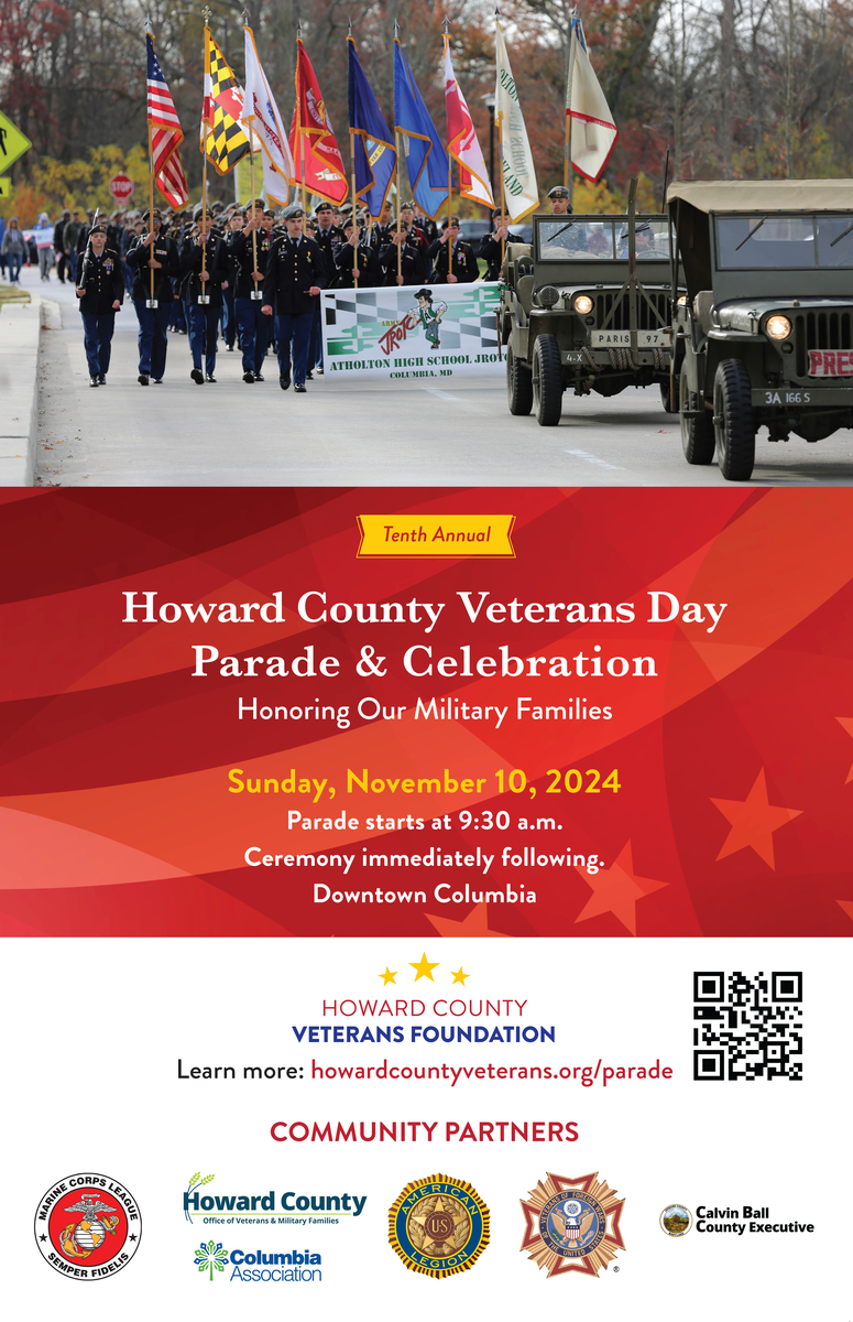 Flier for the 2024 Veterans Parade on November 10 in Downtown Columbia