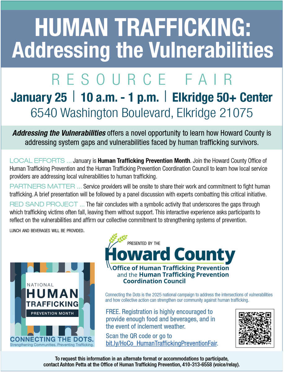 Flier for the Human Trafficking "Addressing the Vulnerabilities" event on January 25 at the Elkridge 50+ Center. 