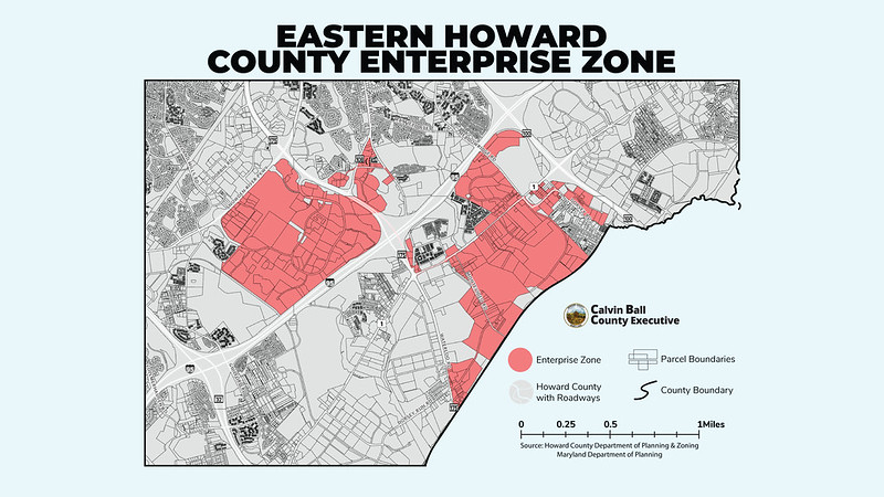 Image of map outlining areas along Route 1 Corridor and in Columbia Gateway that encompass the county's new Eastern Howard County Enterprise Zone Map