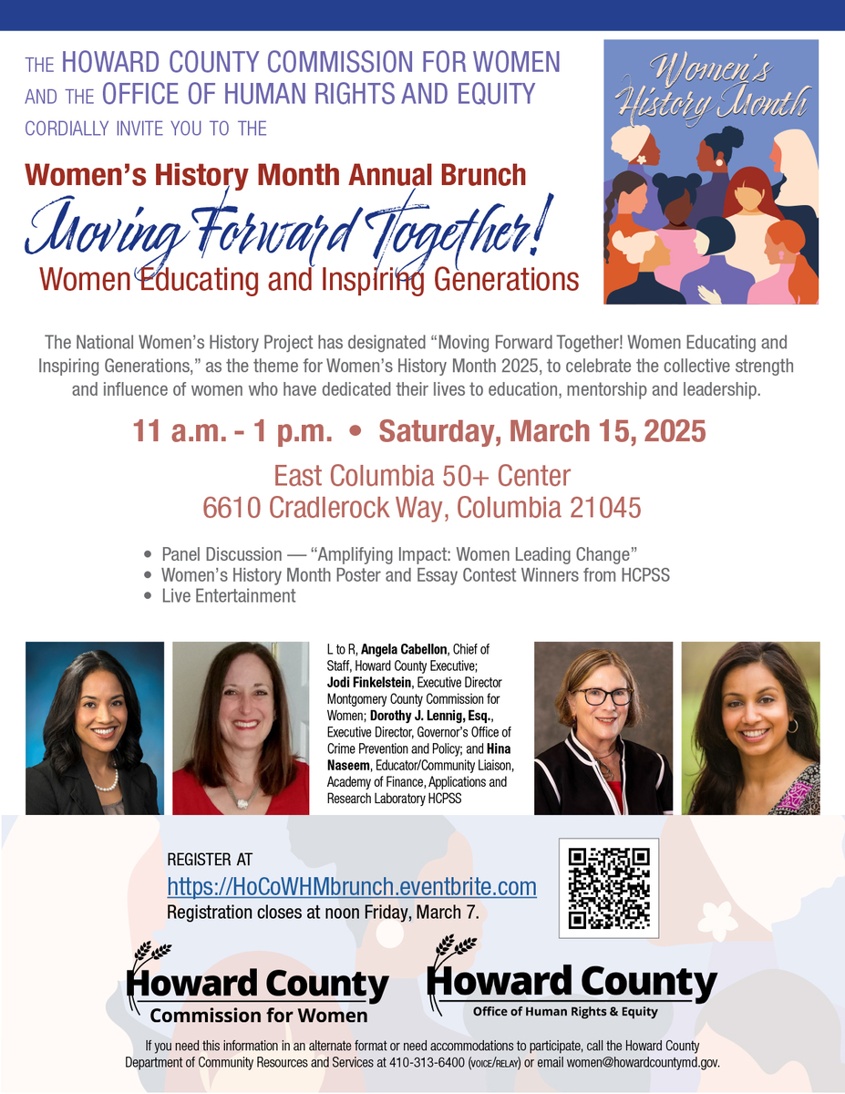 2025 Women's History Month Brunch will be held March 15 from 11 a.m. to 1p.m. at the East Columbia 50+ Center in Columbia. 