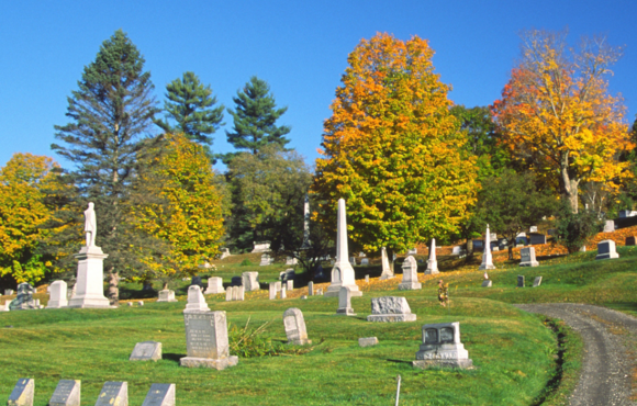 Image of a cemetery with fall colored trees and and a gravel road