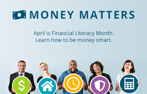 Money Matters Month with five adults holding icons to represent financial literacy topics