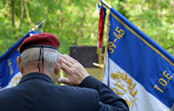 An elderly veteran saluting at a memorial event