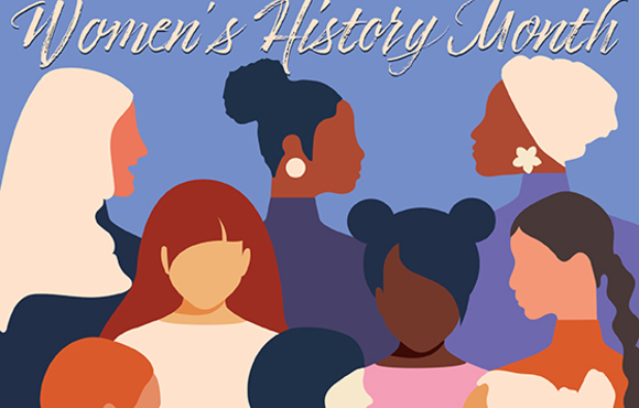 Women's History Month graphic to promote the CFW brunch at the Bain Center on March 16 from 11 to 1. 