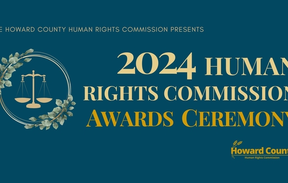 A dark blue flyer with an image of the scales of justice. Onscreen text reads: 2024 Human Rights Commission Awards Ceremony