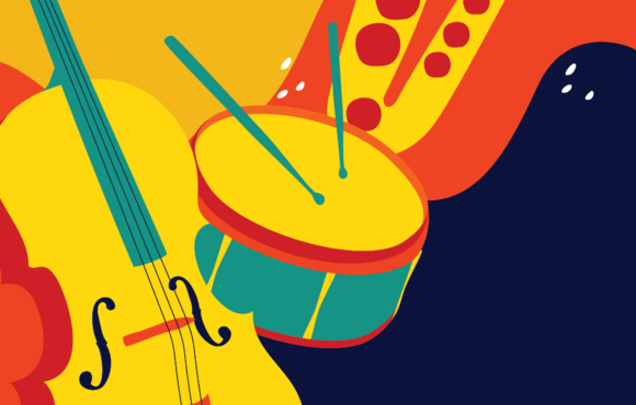 colorful illustration of stand up bass, snare drum with sticks, and saxophone