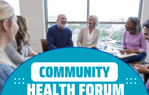 group of people sitting in a circle, talking and smiling. White text reads "Community health forum."