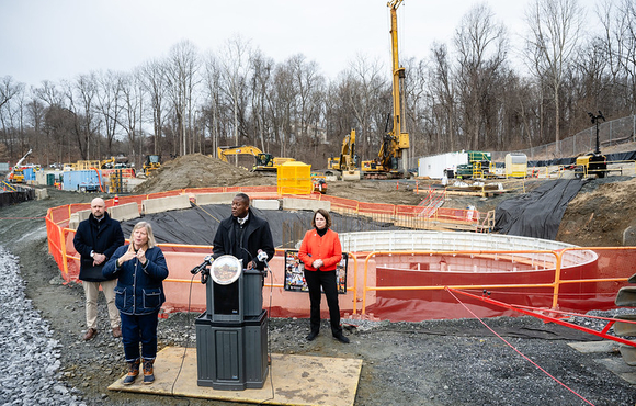 A photo of County Executive Calvin Ball taken at a press conference on February 3, 2025. Held at the starting site of the Ellicott City Safe and Sound plan's North Tunnel project, Ball provided an update on the plan's progress and announced new funding commitments from the State to supports various plan projects.