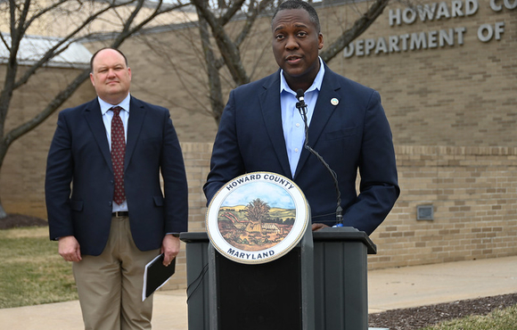 A photo of County Executive Calvin Ball speaking at a press conference about fully funding Howard County Public School System's Fiscal Year 2026 Capital Budget request.