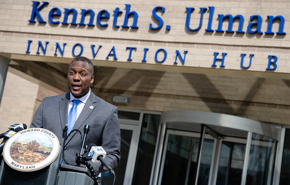 A photo of County Executive Calvin Ball at his March 4, 2025 press conference to announce new support for impacted federal workers and contractors.