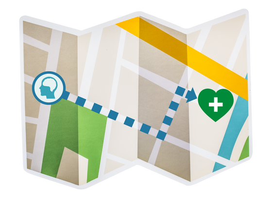 A map that resembles a GPS path, with an origin point and destination point. The origin point is a circle with an illustration of a head and brain, the destination is a green heart with a medical cross in the center. They are connected by a blue dotted line with an arrow pointing at the destination.