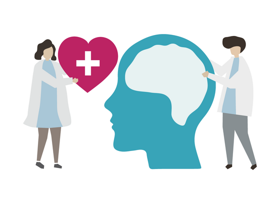 Two people in medical coats holding a heart with a medical cross on it, and a silhouette of a head and brain.