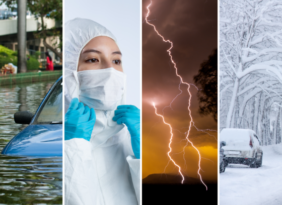 flood, health worker in protective equipment, lightening, snowstorm