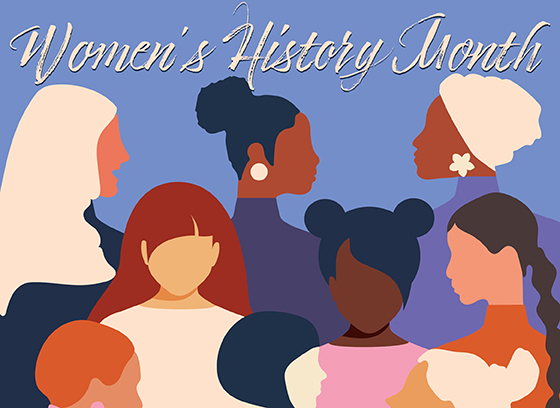 Women's History Month graphic to promote the CFW brunch at the Bain Center on March 16 from 11 to 1. 