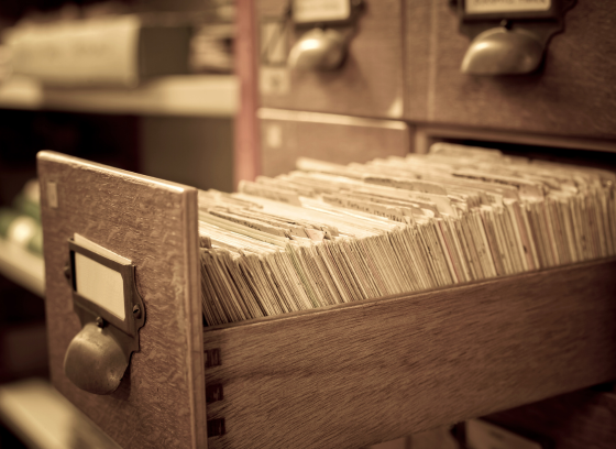 Archival files in a cabinet drawer