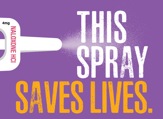 Naloxone Spray bottle with text "This Spray Saves Lives."