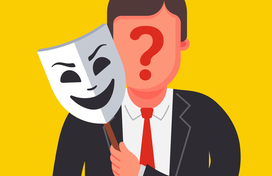 Man with a question mark on his face holding a mask to represent impostor scams.