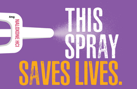 Naloxone Spray bottle with text "This Spray Saves Lives."