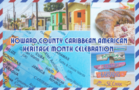Four color images of colorful houses, a plate of jerk chicken, a map of the Caribbean, and a wooden beach sign. Onscreen text reads 'Howard County Caribbean American Heritage Month Celebration'.
