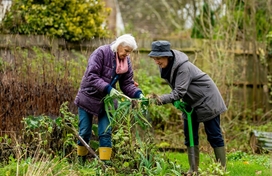 two older adults gardening 