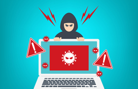 Hacker warning on laptop. Emergency alert of threat by hacker. Malware notification with virus icon.