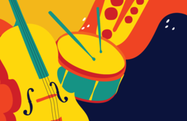 colorful illustration of stand up bass, snare drum with sticks, and saxophone