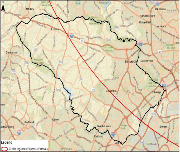 Map - 50 mile radius of Peach Bottom Atomic Power Station (Howard County line)