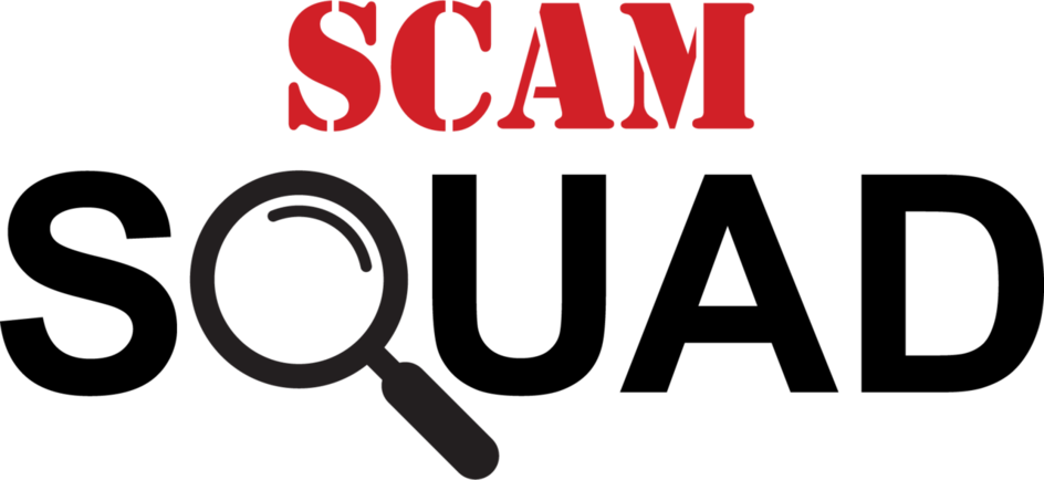 Scam Squad logo with magnifying glass graphic