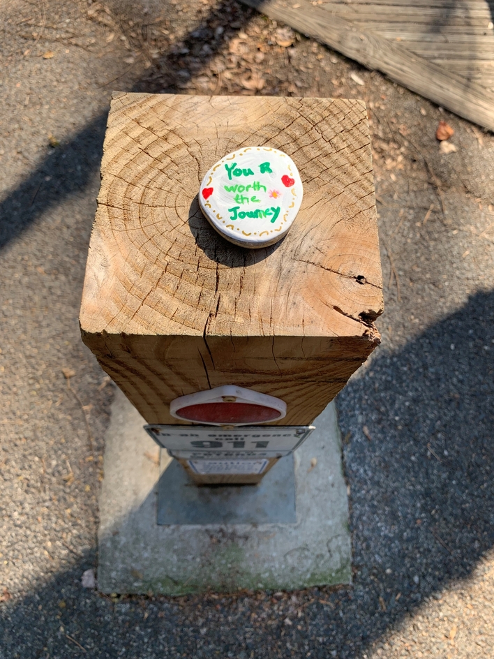 suicide awareness rock on a trail post