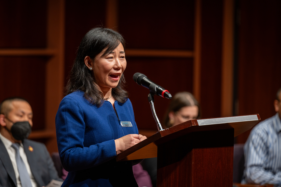 Dr. Lanlan Xu, Chair of the Howard County AAPI Commission, provides brief remarks at their event, Know Your Local Leaders.