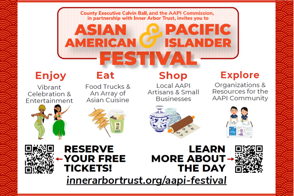 AAPI Festival information with text saying enjoy performances, eat at food trucks with an array of Asian cuisine, shop at local small businesses and artisan vendors, and explore informational booths and demonstrations. 