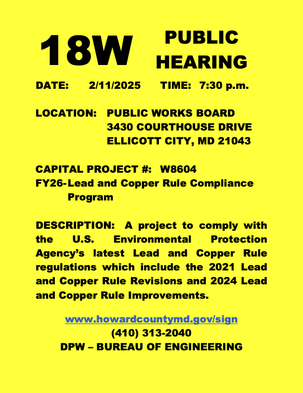 A yellow flyer advertising the Public Hearing for the Lead and Copper Rule Compliance program. The meeting will occur on February 11, 2025 at 7:30 pm at the George Howard Building.