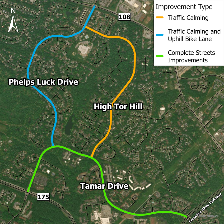 A high-level map of the upcoming Long Reach area road improvements. It shows traffic calming along High Tor Hill, traffic calming and one way bike lane along Phelps Luck Drive, and complete streets improvements along Tamar Dr.