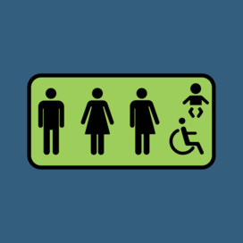 A green sign with black figures of a person in pants, person in a dress, person in a wheelchair, and baby on a dark blue background. 