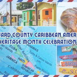 Four color images of colorful houses, a plate of jerk chicken, a map of the Caribbean, and a wooden beach sign. Onscreen text reads 'Howard County Caribbean American Heritage Month Celebration'.