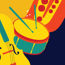 colorful illustration of stand up bass, snare drum with sticks, and saxophone