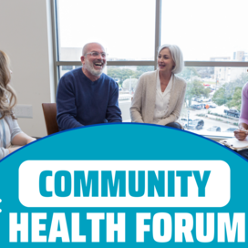 group of people sitting in a circle, talking and smiling. White text reads "Community health forum."